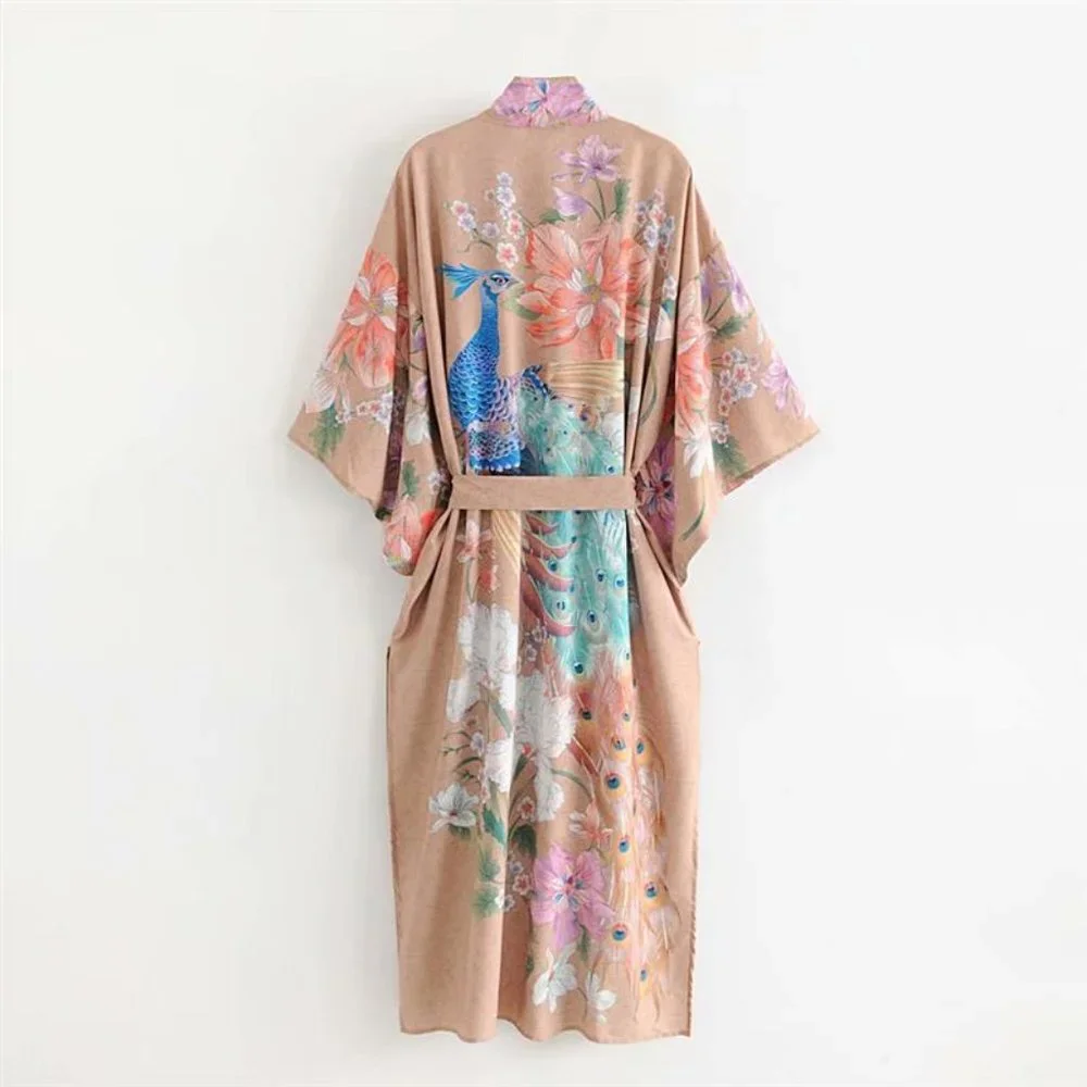 Boho Floral print Peacock Kimono Beach Cover up - Picture 8 of 9